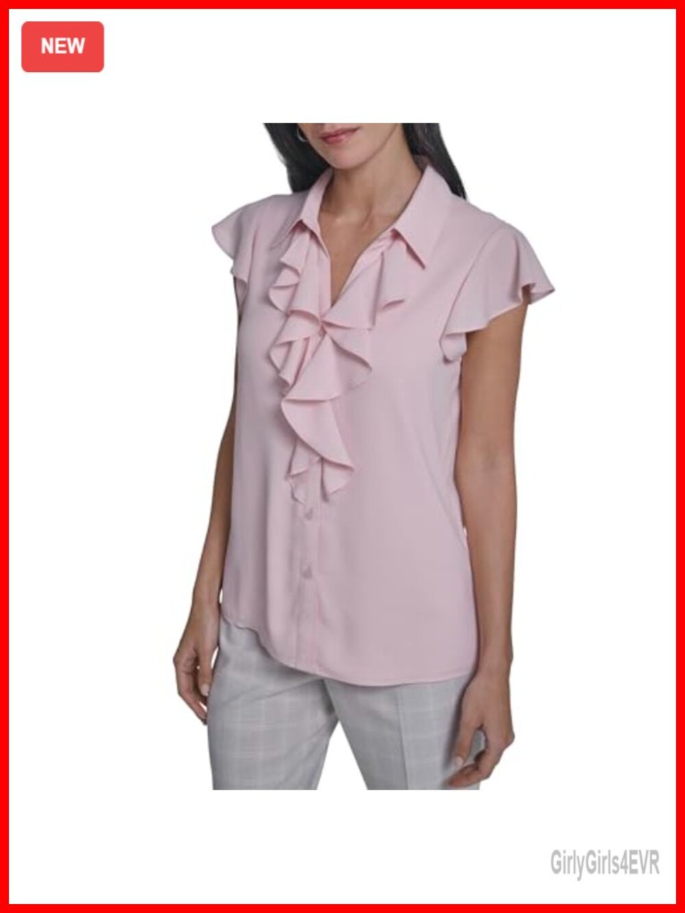 Calvin Klein Cap Sleeve Ruffle Front Blouse V-Neck Regular Fit